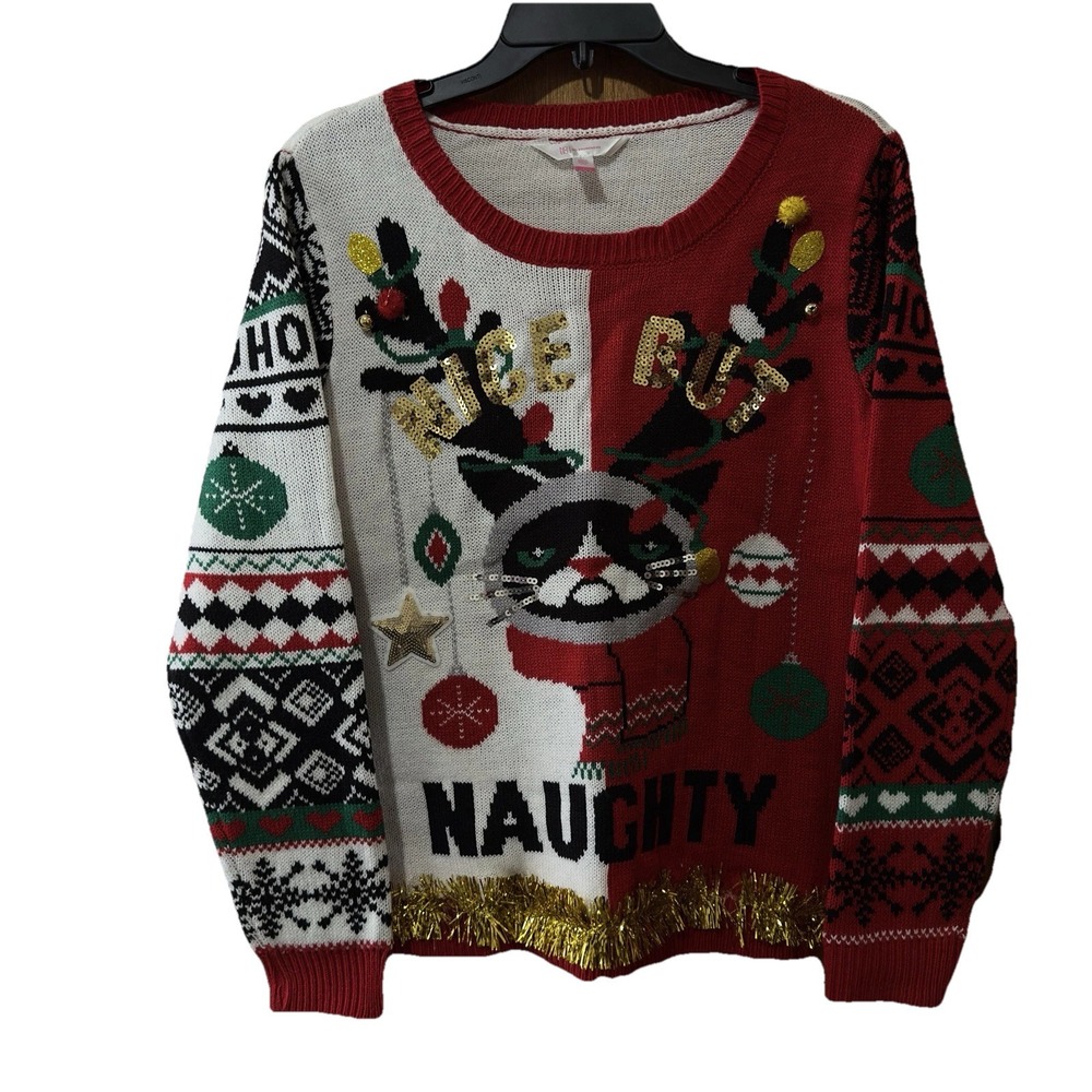 No Boundaries Ugly Sweater Large 11-13‎ Cat Christmas Nice But Naughty Kitten